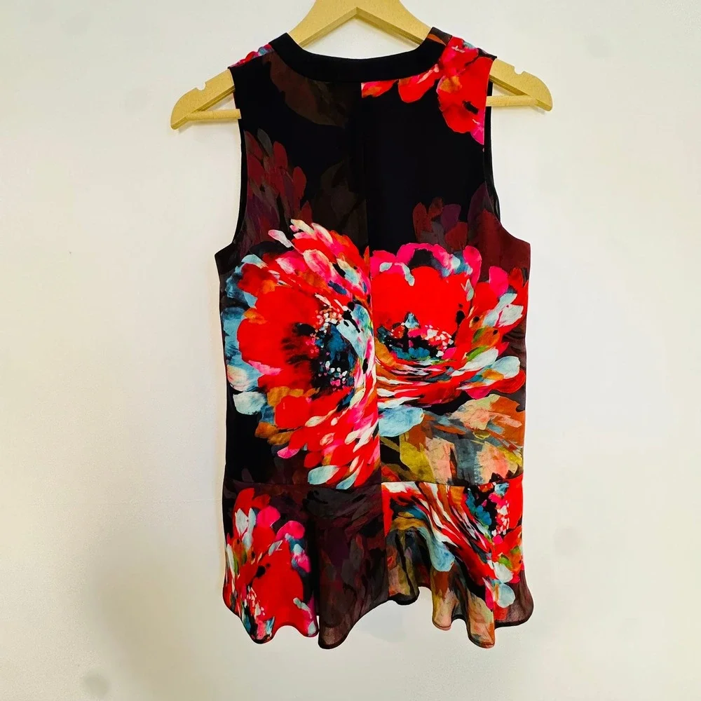 Trina Turk Sleeveless Faux Wrap Top Women XS Black Floral Peplum
